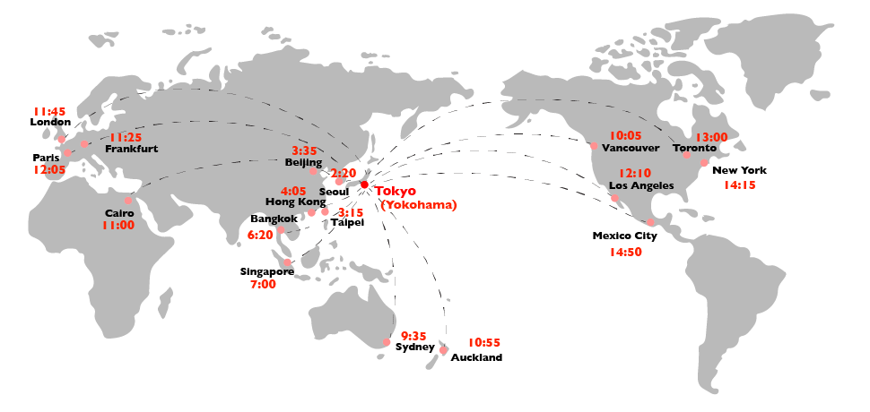 世界各地からの横浜への空路